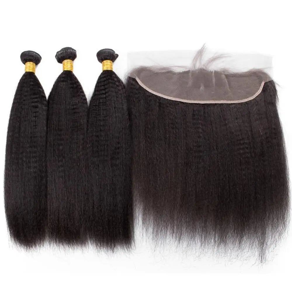 3 Bundle Deals With 13*4 Frontal Kinky Straight Raw Human Hair Natural Black StylzPlusBeautyandHairConcepts