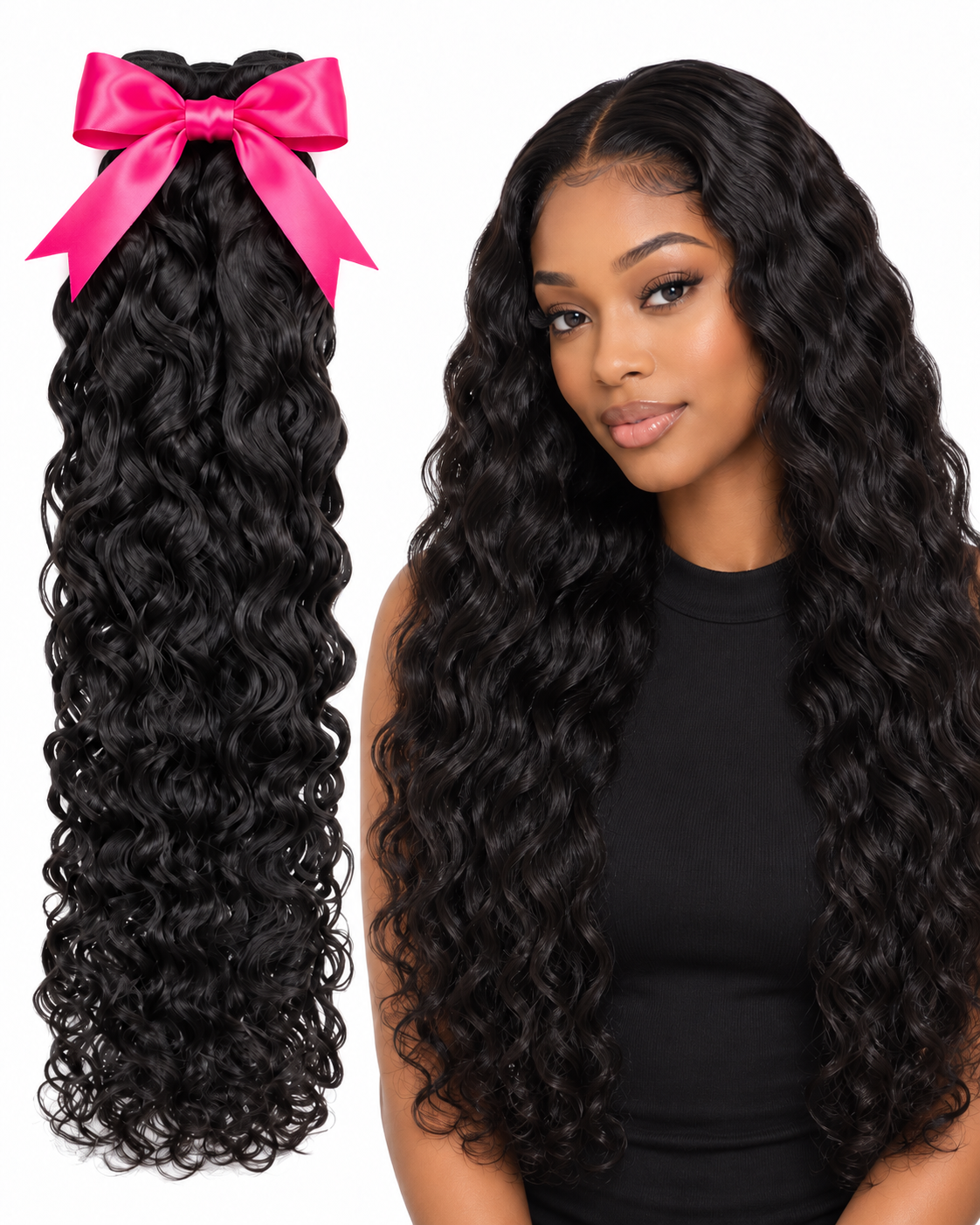 Opulent Strandzz Natural Wave human hair bundles with hot pink bow and model