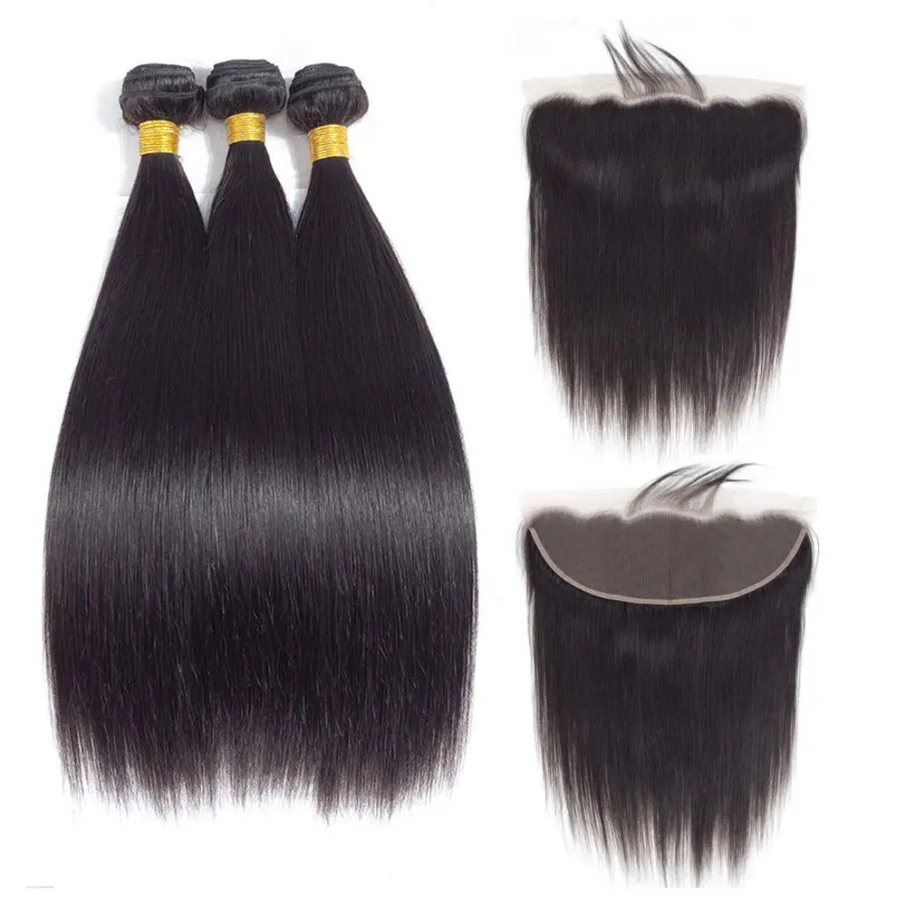3 Bundle Deals With 13*4 Frontal Straight Raw Human Hair Natural Black StylzPlusBeautyandHairConcepts